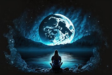 Wall Mural - back view of meditating woman sitting on lake surface at night with blue moon in night sky in backgr