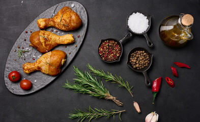 Wall Mural - Raw chicken legs in spices on a black board, top view. Cooking with spices