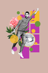 Poster - Creative retro 3d magazine collage image of impressed funky guy hurrying friday party isolated painting background