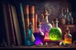 Old alchemy books and colorful potion bottles on shelf background, created with generative ai