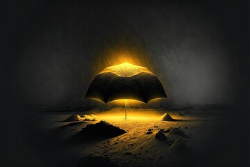 Canvas Print - Mystical yellow light under floating black umbrella in total darkness, created with generative ai