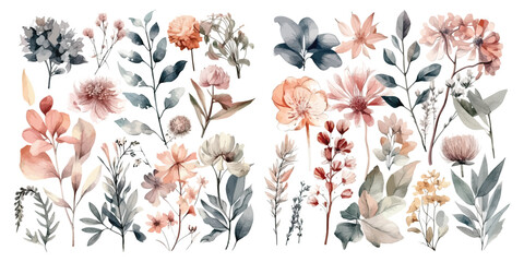 Wall Mural - Set of watercolor flowers leaves and twigs on a white background