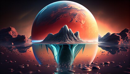 Wall Mural - water landscape on Mars planet, picturesque desert scene on the red planet (3d space illustration) Generative AI