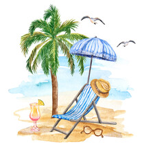 Summer Beach Scene, Watercolor Hand-painted Illustration. Blue Chair, Umbrella, Palm Tree, And Seashore On White Background.