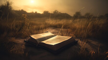 Open Book Bible In The Grass In Nature, Generative AI.