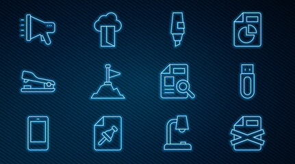Poster - Set line Delete file document, USB flash drive, Marker pen, Mountains with flag on top, Stapler, Megaphone, Document graph chart and Cloud database icon. Vector