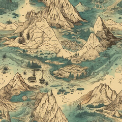 Old map vintage mountain seamless patter generative ai