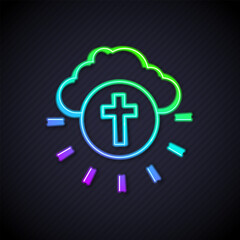 Wall Mural - Glowing neon line Religious cross in the circle icon isolated on black background. Love of God, Catholic and Christian symbol. People pray for love and peace. Vector