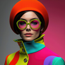 Portrait Of A Woman With Glasses On Bright Background, In The Style Of Realistic Fantasy Artwork, Pop Art. Generative AI