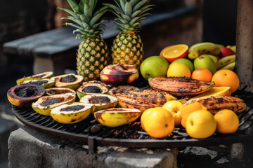 Sticker - various fruits are baked on barbecue grill. may holidays concept of vegetarian fruit barbecue, party