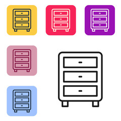 Poster - Black line Archive papers drawer icon isolated on white background. Drawer with documents. File cabinet drawer. Office furniture. Set icons in color square buttons. Vector
