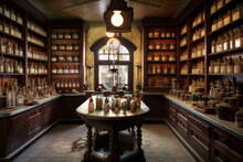 Antique Vintage Pharmacy Shop Interior. Generative AI
