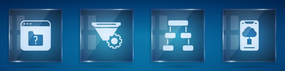 Poster - Set File missing, Filter setting, Hierarchy organogram chart and Cloud technology data transfer. Square glass panels. Vector