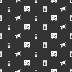 Poster - Set Cinema ticket, Megaphone, Movie trophy and Media projector on seamless pattern. Vector