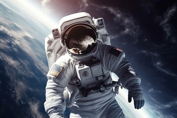 Wall Mural - astronaut spaceman do spacewalk while working for space station. mixed media. generative ai
