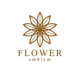 Wall Mural - Geometric linear style vector flower logo or emblem isolated on white, sacred geometry floral symbol line drawing emblem, blossoming flower hotel or boutique or jewelry logotype.