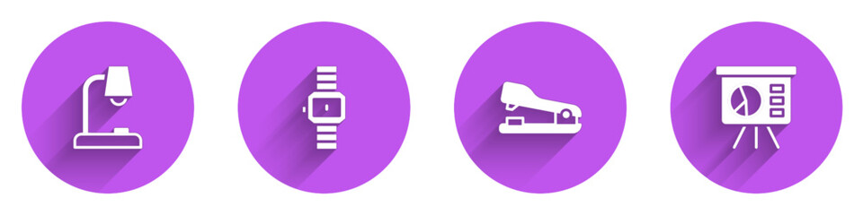 Poster - Set Table lamp, Wrist watch, Stapler and Board with graph icon with long shadow. Vector