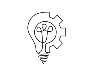 Poster - Continuous line drawing of Lightbulb with cogwheel on white isolated background. Idea business concept.