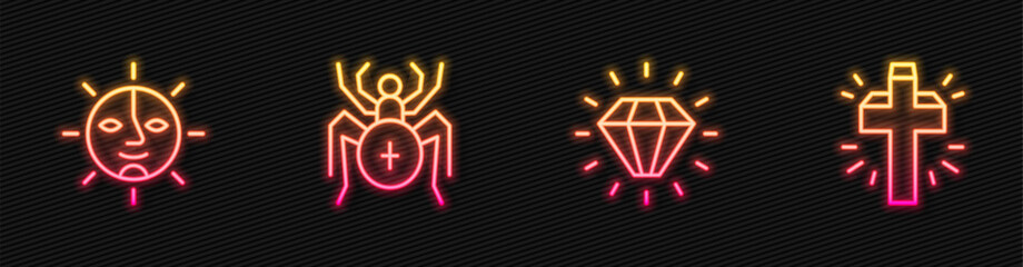 Sticker - Set line Diamond, Sun, Spider and Christian cross. Glowing neon icon. Vector