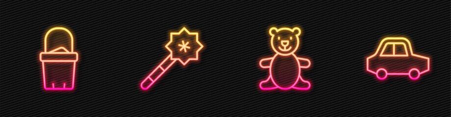 Wall Mural - Set line Teddy bear plush toy, Sand in bucket, Magic wand and Toy car. Glowing neon icon. Vector