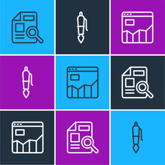 Poster - Set line Document with graph chart, Graph infographic and Fountain pen nib icon. Vector