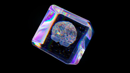 Poster - crystal cube rotates on a black isolated background. diamond brain inside a transparent cube. rainbo