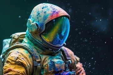 Wall Mural - Astronaut in outer space. Man in spacesuit and helmet with colorful paints. Generative AI