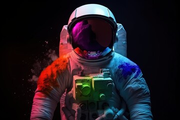 Wall Mural - Astronaut in outer space. Man in spacesuit and helmet with colorful paints. Generative AI