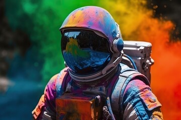 Wall Mural - Astronaut in outer space. Man in spacesuit and helmet with colorful paints. Generative AI