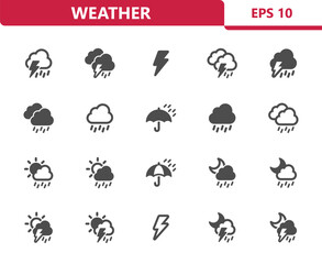 weather icons - forecast, rain, raining, storm, lightning bolt vector icon set