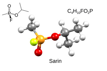 Chemical formula, skeletal formula and 3D ball-and-stick model of sarin, a neurotoxic gas used as a chemical weapon