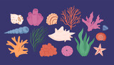 Fototapeta Pokój dzieciecy - Underwater coral reef and seashells collection on dark background. Marine undersea exotic plants and mollusk. Under water flora and fauna. Colorful flat vector illustration