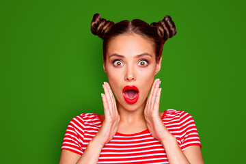 Poster - Say what Close up portrait of shocked brunette girl with wide open mouth and big eyes hold palms near face isolated on red vivid background