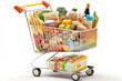 Supermarket shopping cart full with grocery products on white background. Generative AI
