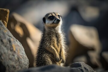 Wall Mural - Close-up of a meerkat on a rock, using selective focus to concentrate on the animal's eyes as it explores the scene Generative AI