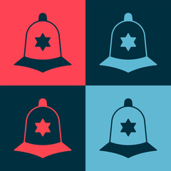 Poster - Pop art British police helmet icon isolated on color background. Vector