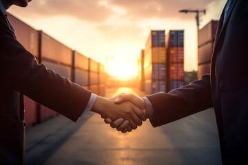 business deal shaking hands at a port with shipping containers. Generative AI