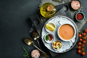 Wall Mural - Lentil soup. Vegan menu. Close-up, dark background.