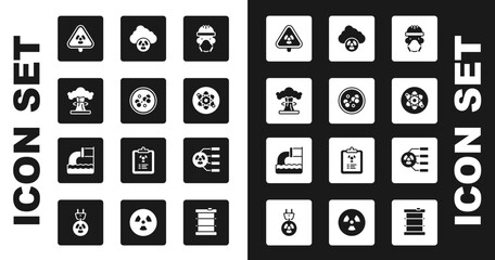 Poster - Set Nuclear reactor worker, Molecule, explosion, Triangle with radiation, Atom, Acid rain and radioactive cloud, Radioactive and Wastewater icon. Vector