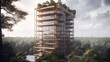 Photorealistic Multi Leveled Apartment Tower with Glass, Wood, Steel, Indoor and Outdoor Spaces in Forest Setting. Generative AI Illustration