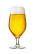 Tulip glass of fresh golden-colored beer with cap of foam isolated on white background.