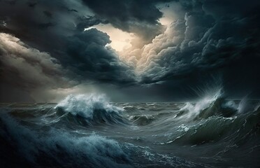 Wall Mural - Cloudy, high-wind sea storm scene of a raging storm at sea Generative AI