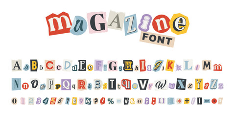 Magazine collage vector alphabet in trendy style. Color letters, numbers and punctuation marks cut from newspapers. Criminal, anonymous or detective font. Vintage elements for your design.