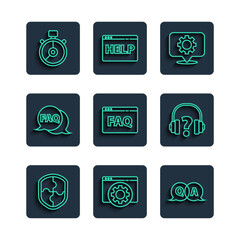 Poster - Set line Shield, Browser setting, Question and Answer, Location with gear, FAQ, Speech bubble, Stopwatch and Headphones icon. Vector