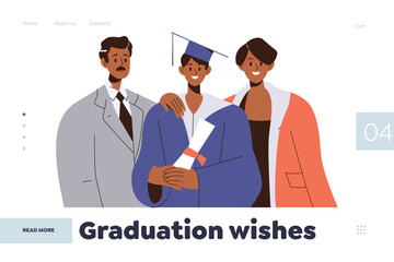 Wall Mural - Graduation wishes landing page design template with happy parent and student family portrait