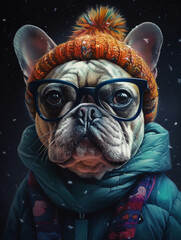 Poster - Pug dog in a hat in snowy winter. Generative AI