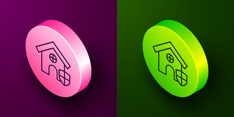 Poster - Isometric line House with shield icon isolated on purple and green background. Insurance concept. Security, safety, protection, protect concept. Circle button. Vector