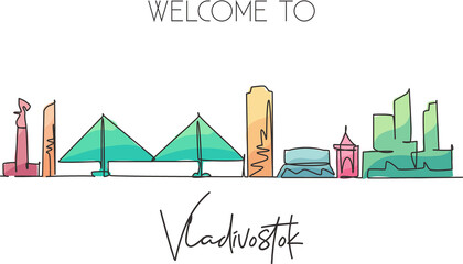 Wall Mural - One single line drawing of Vladivostok city skyline, Russia. World town landscape postcard. Best place holiday destination. Editable stroke trendy continuous line draw design art vector illustration