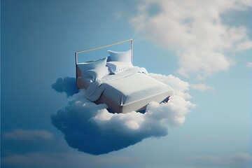 Bed in the clouds. Cloud soft pillows and mattress. Cozy, soft, clean. Sweet dreams. Generative AI