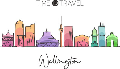 Wall Mural - Single continuous line drawing of Wellington city skyline, New Zealand. Famous city scraper landscape. World travel destination concept. Editable stroke modern one line draw design vector illustration